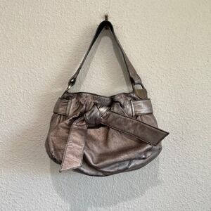 Kooba Metallic Pewter Leather Bow Shoulder Bag Hobo‎ Brass Hardware Vintage Y2K